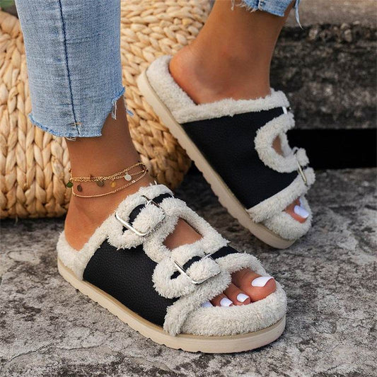 Autumn Winter Slipper Thick Sole Buckle Lamb Swool Slippers For Women Outdoor Gardern Indoor Lazy Plush Shoes - Mubimart
