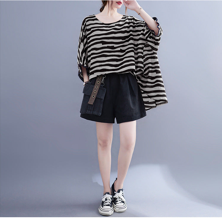 Summer Women's Loose Plus Size Striped Batwing Sleeve T-shirt - Mubimart -  