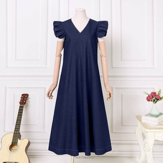 Denim Solid Color V-neck Bohemian Loose Large Size Long Dress - Mubimart