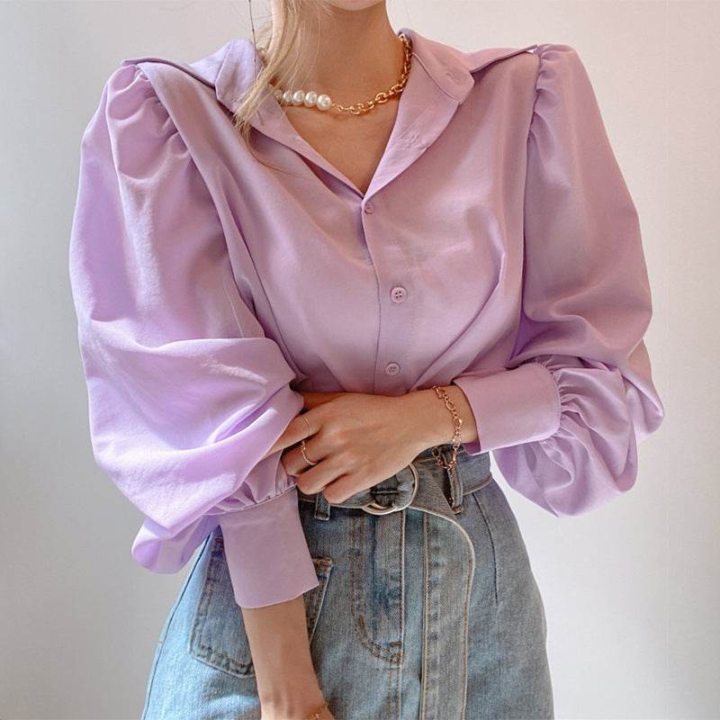 Lapel Single-breasted Loose Casual Lantern Sleeve Shirt Blouse Women - Mubimart