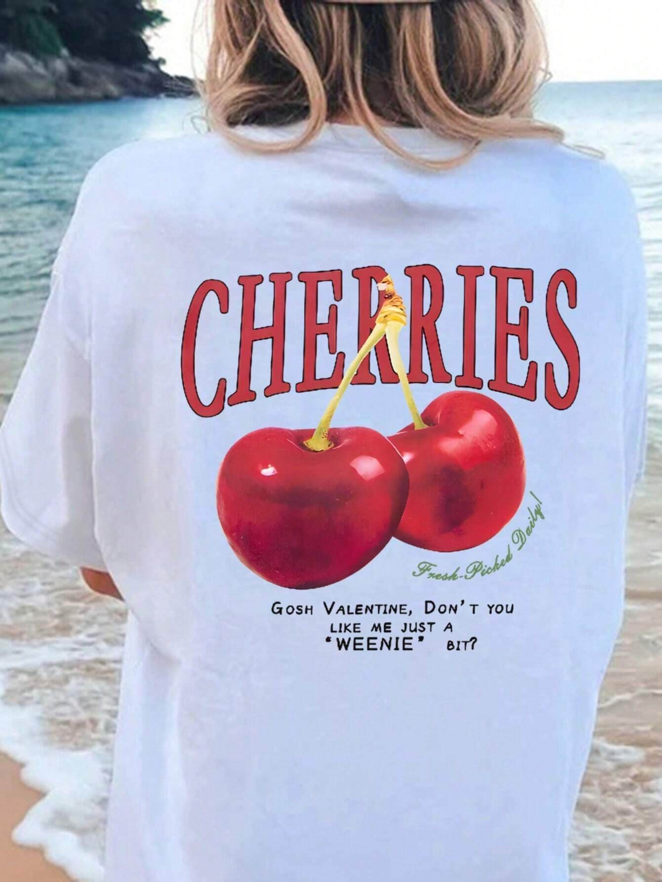 Cotton Women T-shirt Red Cherries Printed Tees Summer - Mubimart