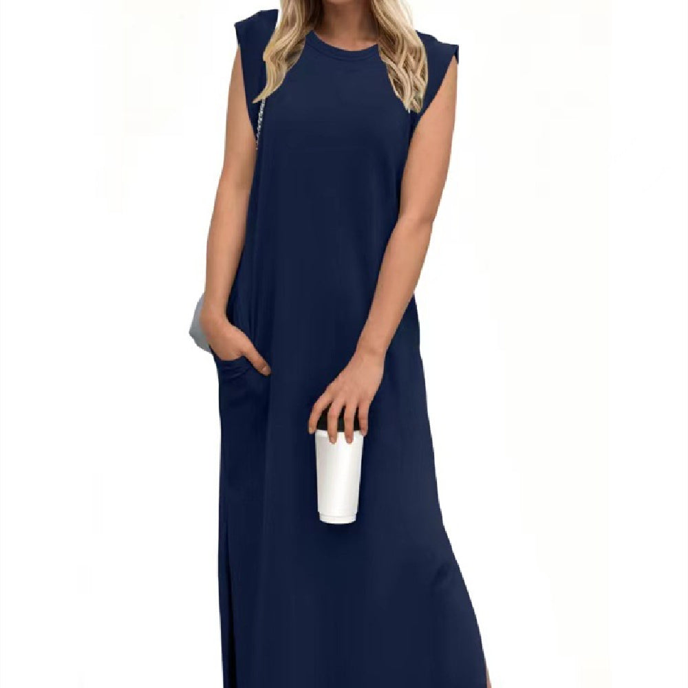 Summer Sleeveless Slit Dress With Pockets Casual Loose Long Dresses For Womens Clothing - Mubimart -  