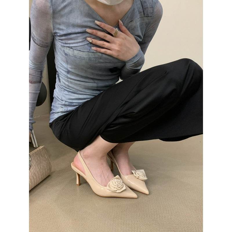 Fashion Flower High Heel Pointed Toe Slingback Outer Wear Stiletto Shoes - Mubimart