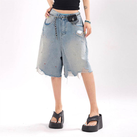 Ripped Denim Shorts For Men And Women - Mubimart