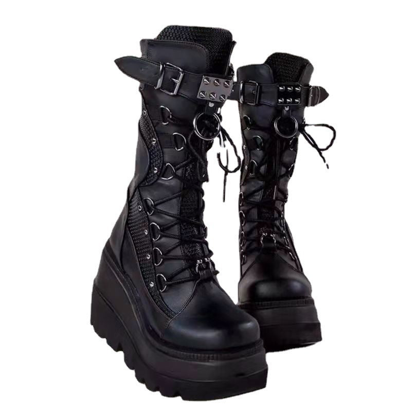 Schnürstiefeletten mit Knöchelriemen, Motorradstiefel, schwarz, klobige Stiefel für Damen, Winterschuhe