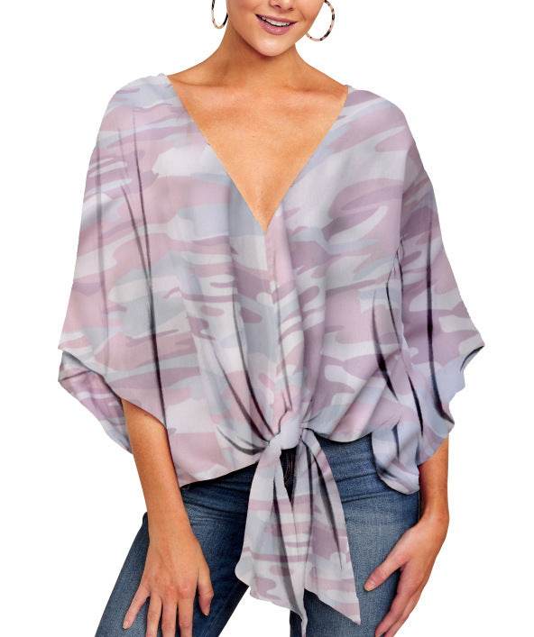 New V Neck Blouse Women Leopard Print Shirts Floral Tie Front Blouses Batwing Summer Oversize Ladies Tops - Mubimart