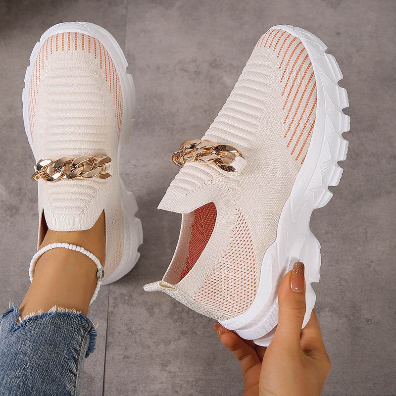 Fashion Chain Design Mesh Shoes For Women Breathable Casual Soft Sole Walking Sock Slip On Flat Shoes - Mubimart