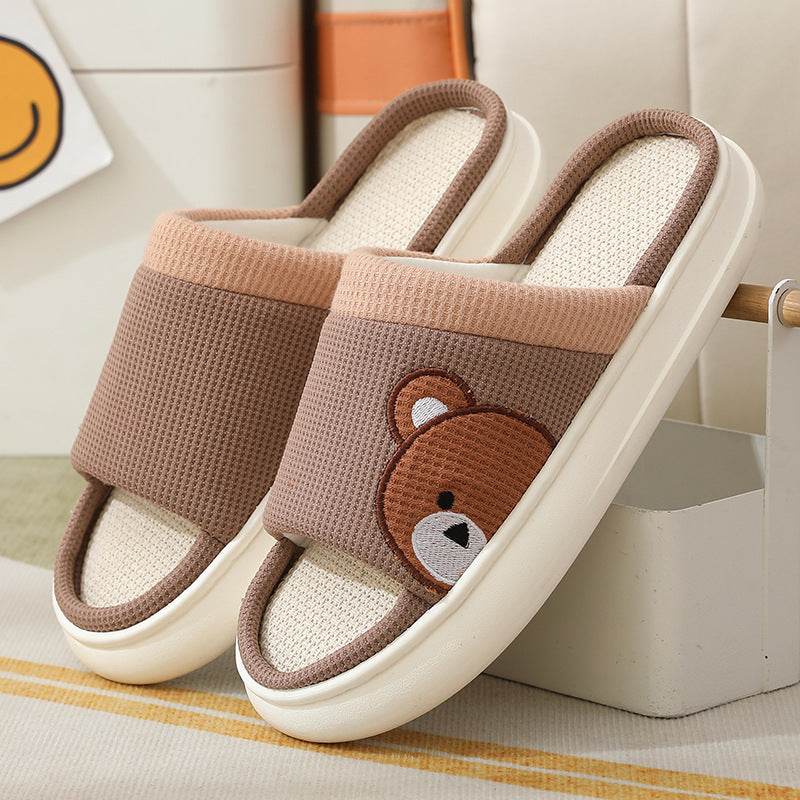 Cute Cartoon Bear Linen Slippers For Women Indoor Non-slip Sweat-absorbent Breathable Slip On Floor Bedroom Slipper House Shoes - Mubimart