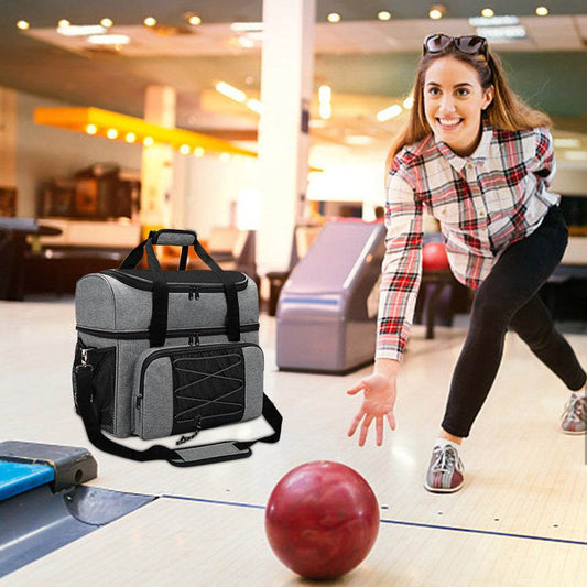 Bowling Bag for 2 Balls Portable Bowling Tote Bag with Padded Ball Holder for Double Ball and Pair of Bowling Shoes up to Mens 16 - Mubimart