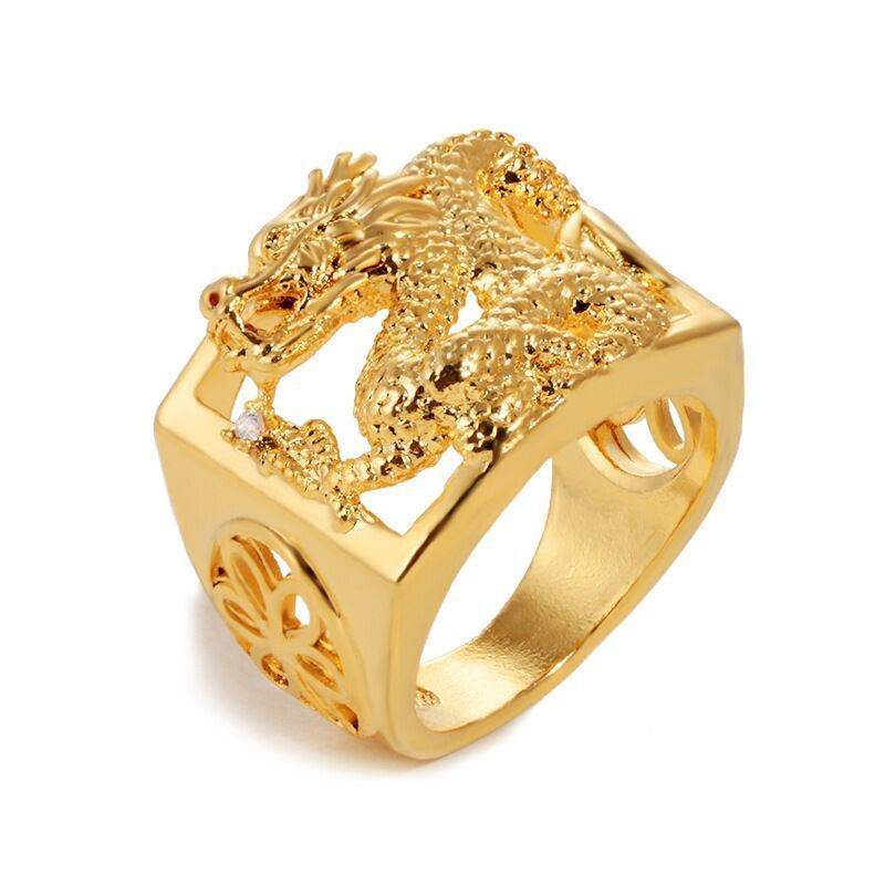 Aventurine Gold Pure Copper Gold Plated Hollow Dragon Ring For Men - Mubimart