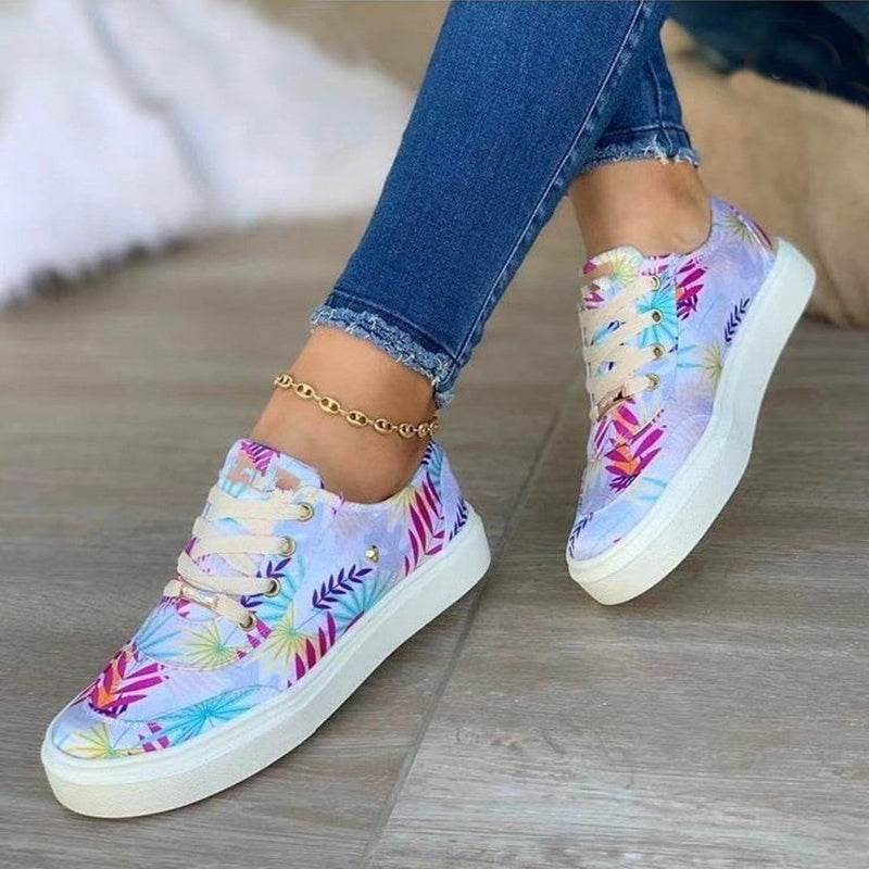 Canvas Shoes For Women Lace-Up Flats Leaves Print Casual Sneakers Round Toe Shoes - Mubimart