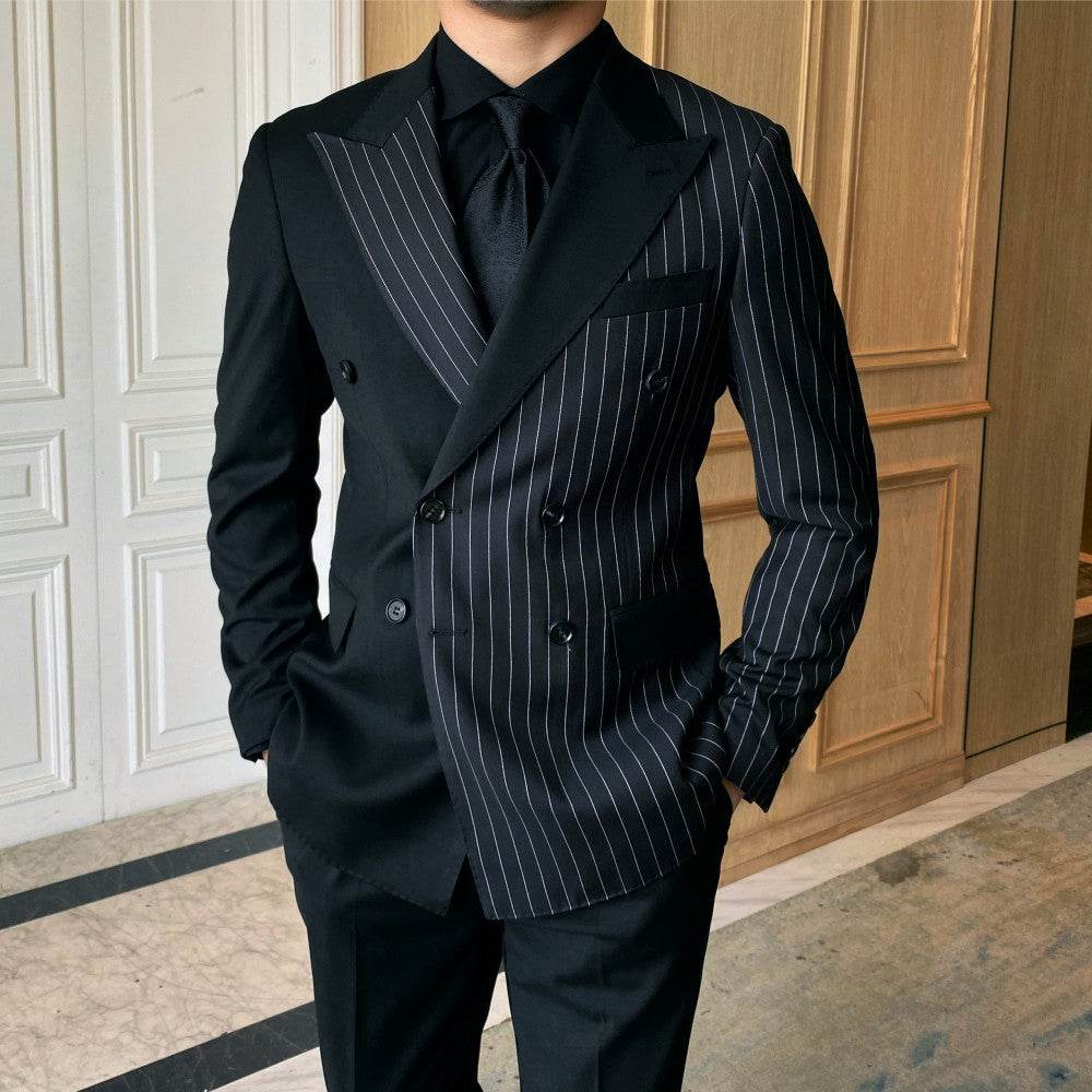 Striped Double Breasted Blazer Men Fashion Tailored Suit - Mubimart