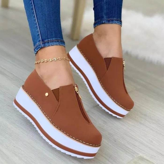 Zipper Flat Shoes Slip On Platform Loafers Women - Mubimart