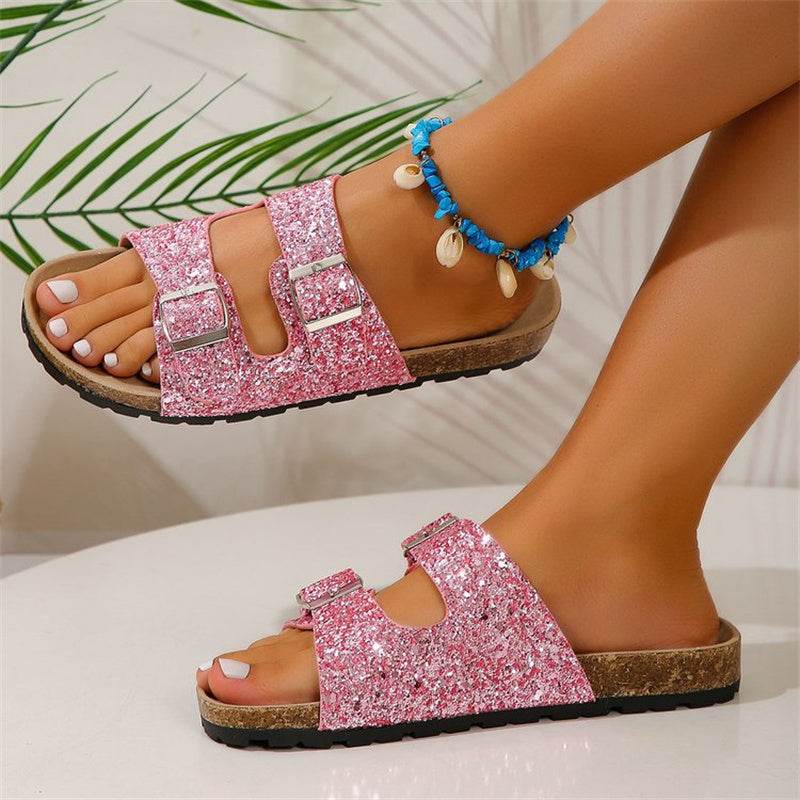 Double Buckle Sandals For Women New Fashion Sequined Beach Shoes Summer Leisure Outdoor Slippers Slides - Mubimart