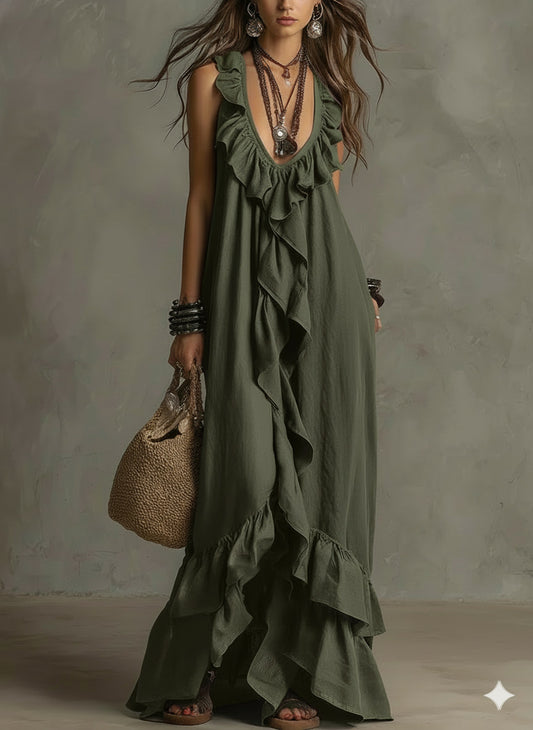 Urban V-Neck Short-Sleeve Ruffle-Trim Vintage Dress
