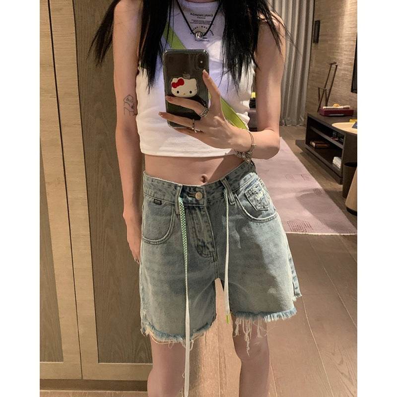 Washed Raw Edge High Waist Slim Wide Leg Denim Shorts Women - Mubimart