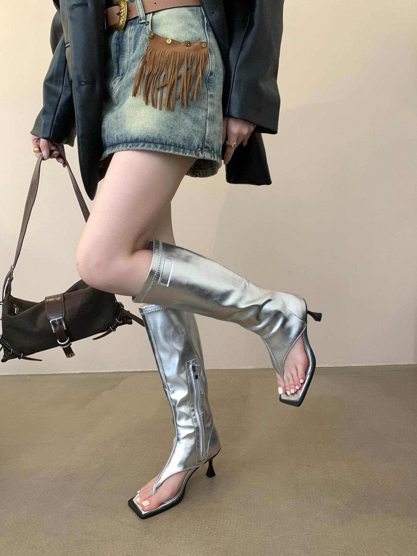 High Heel Sandal Toe Covering Leather Boots All-matching Outer Wear - Mubimart