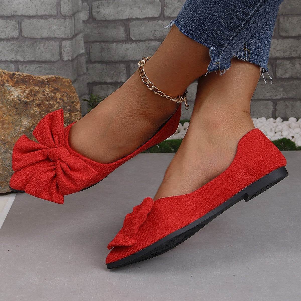 Big Bow Flat Shoes Pointed-toe Low-heeled Shoes Women Fashion Casual Breathable Slip On Flats - Mubimart