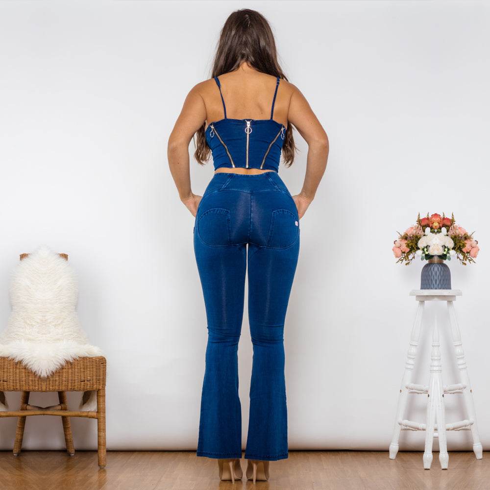Shascullfites Shaper Set Bodysuit Zipper Push Up Top Dark Blue Jeans Top High Waist Flare Jeans Women Two Piece Outfits - Mubimart