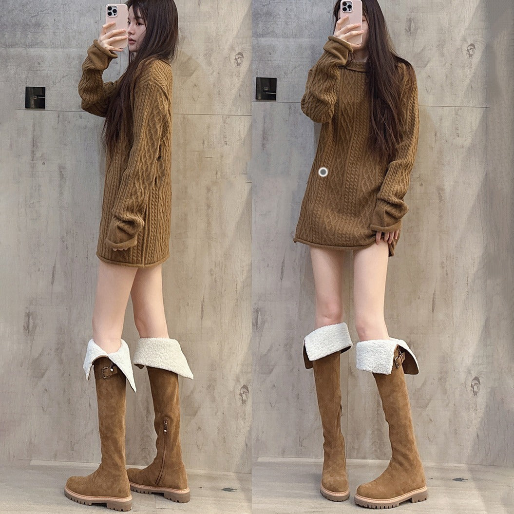 Fleece-lined Warm Brown Flat Over The Knee Tall Knight Boots