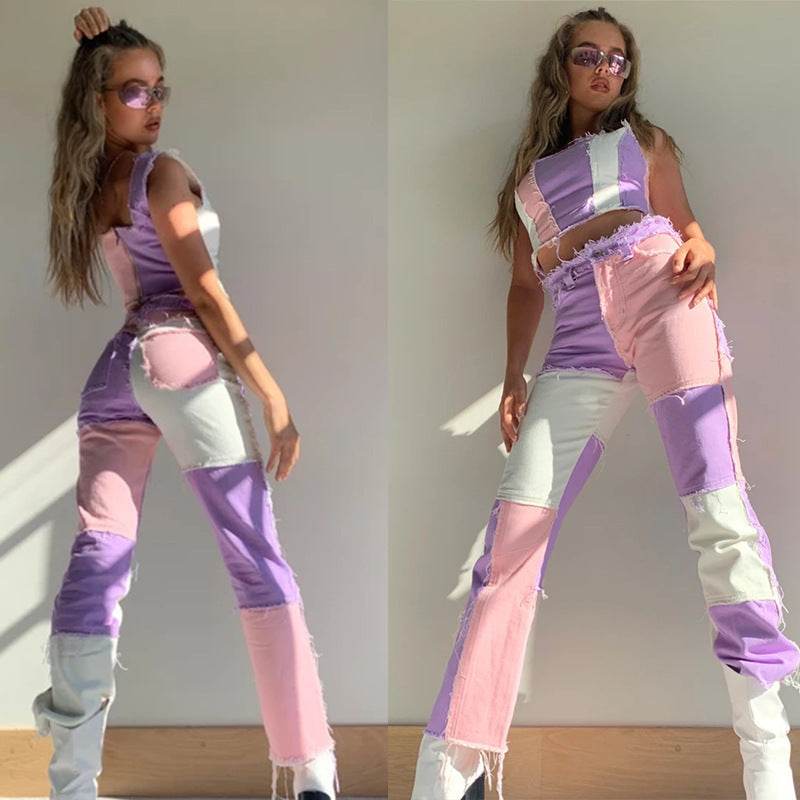 Wide Leg Jeans Women High Waist Sexy Fashion Stitching - Mubimart