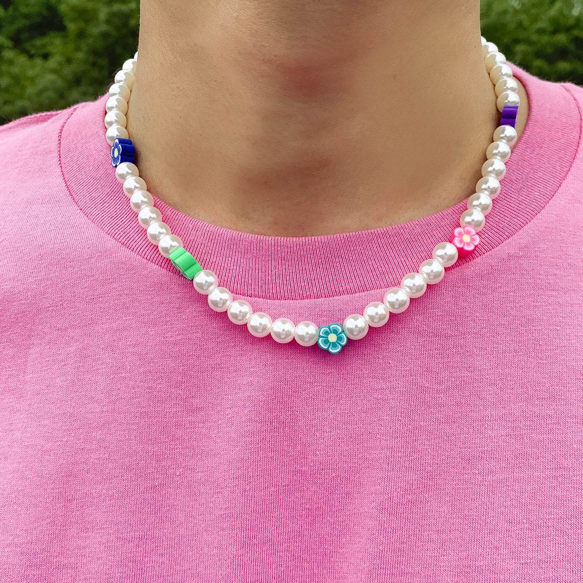 Mens Fashion Colorful Soft Pottery Flower Pearl Necklace - Mubimart