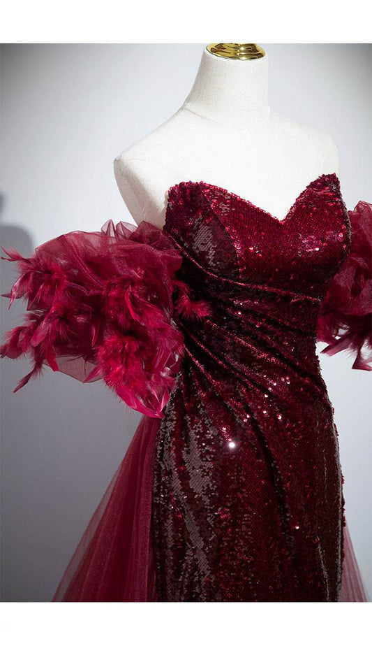 Wedding Red Formal Fishtail Sequins Evening Dress - Mubimart