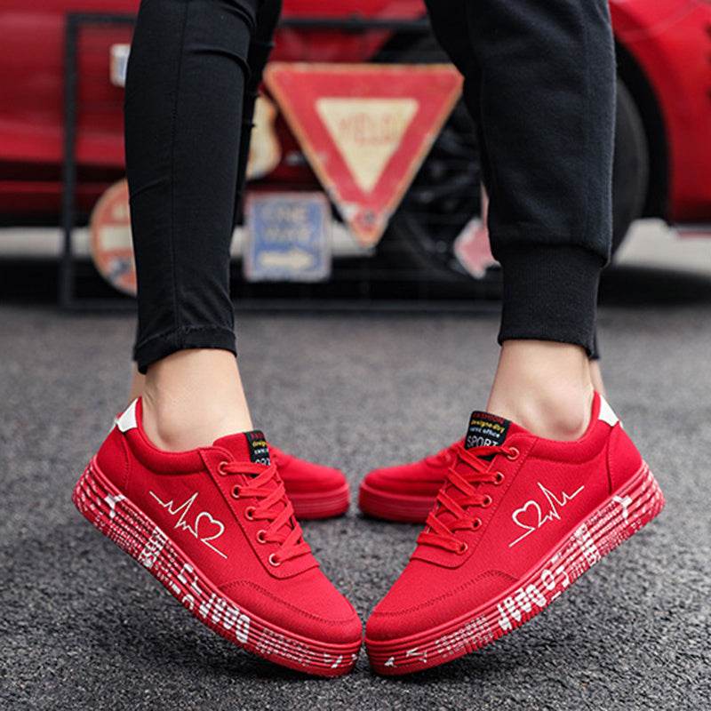 Love Print Canvas Shoes Women Men Flats Lace-up Casual Shoes Lover Sports Shoes Valentines Day - Mubimart