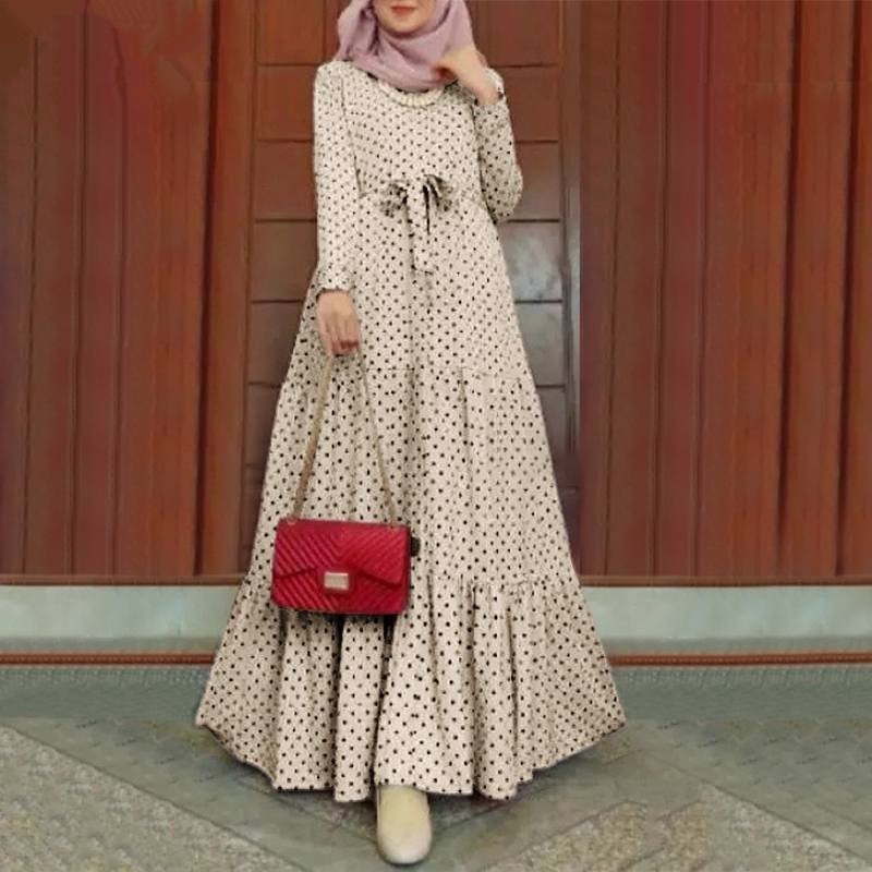 Women Polka Dot Long Sleeve Dress Stylish Belts Party Robe - Mubimart -  