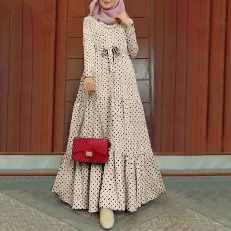 Women Polka Dot Long Sleeve Dress Stylish Belts Party Robe - Mubimart