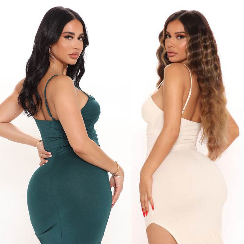 Prom Dress Hollow Solid Color Suspender Dress - Mubimart