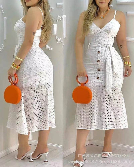White Cutout Slip Dress Belted Lined - Mubimart