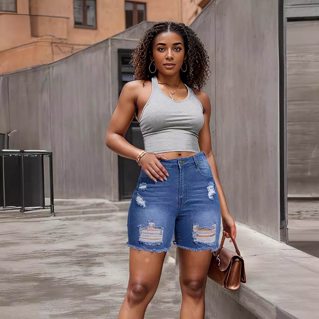 Denim With Hole Shorts For Women - Mubimart