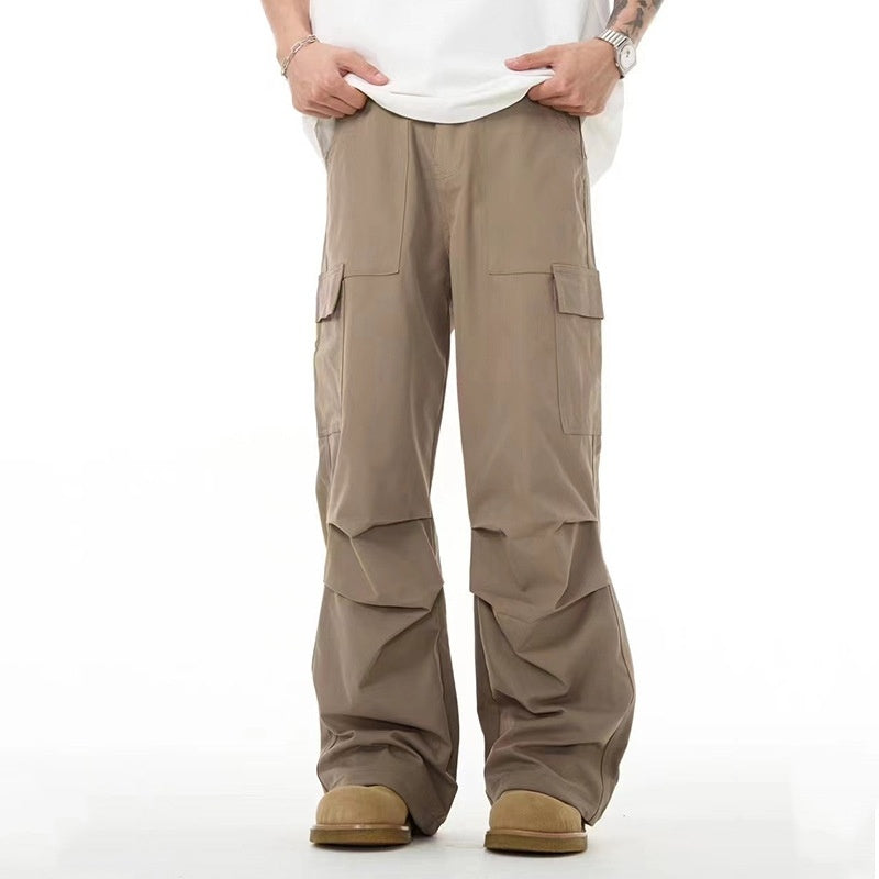 Khaki Pleated Loose Straight Casual Trousers