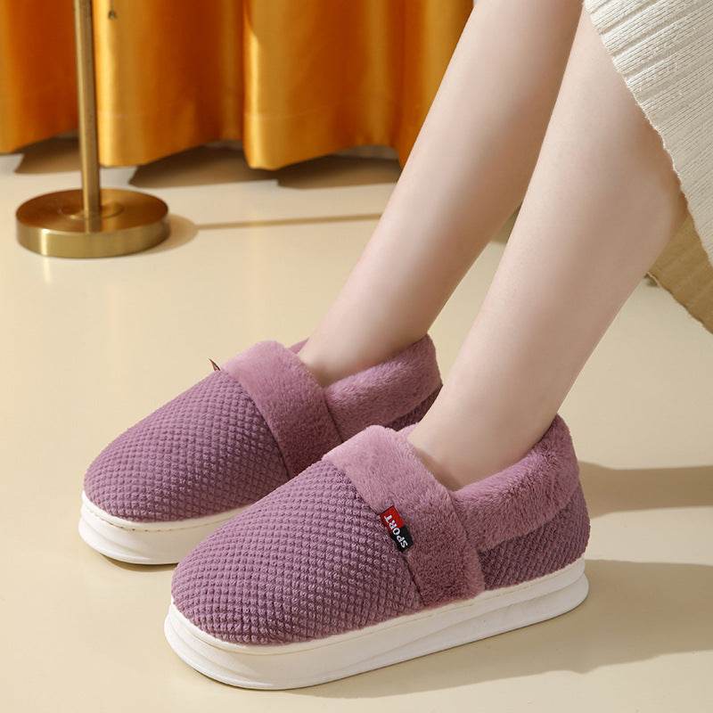 Men's Cotton Shoes With Heel Winter Warm Thick Sole Plush Slippers Women Indoor Garden Outerwear Plus Velvet Slipper For Couple - Mubimart