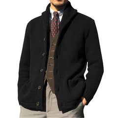 Mens Shawl Collar Cardigan Sweater Cable Knitted Open Front Button Down Ribbed Knitwear Outwear With Pockets