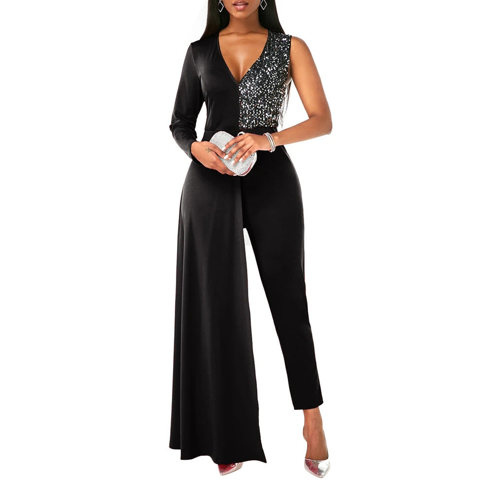 V-neck Sequin Covered Hip Plus Size Jumpsuit - Mubimart -  