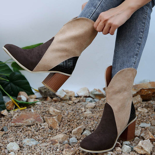 Fashion Splicing Suede Boots Retro Pointed-toe Square High Heel Mid-calf Boots For Women Fall And Winter Shoes - Mubimart