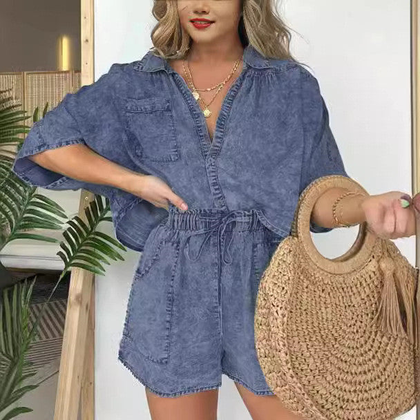 2pcs Loose Denim Suits Summer Casual Bat Sleeve Shirt And Drawstring Shorts With Pockets Women's Set - Mubimart -  