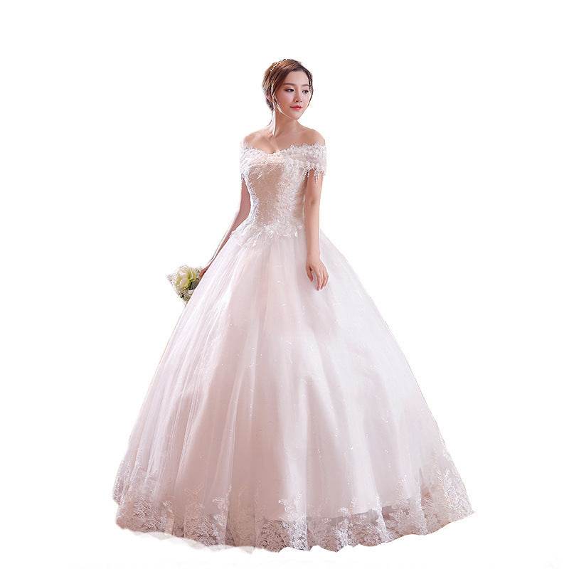 Shoulder-to-shoulder Wedding Dress Bridal Lace Plus Size Thin Shoulder Wedding Dress - Mubimart
