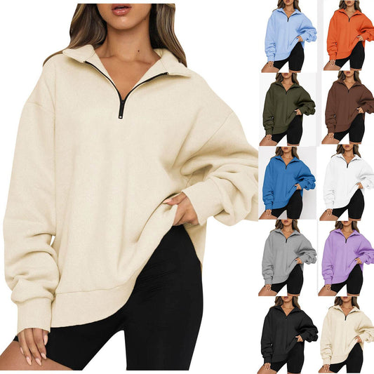 Women Sweatshirts Zip Turndown Collar Loose Casual Tops Clothes - Mubimart