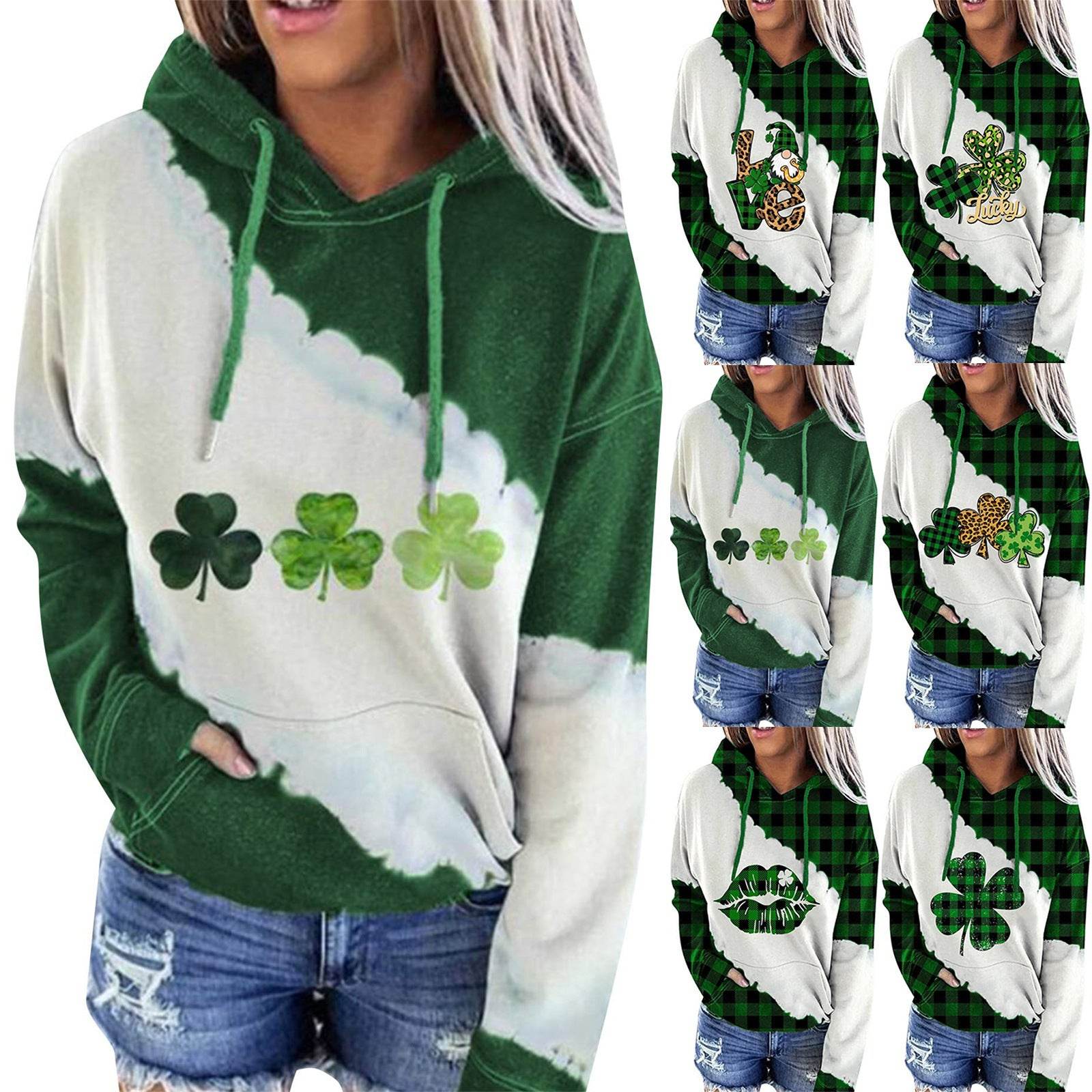 Women Sweatshirts Lucky Grass Print Streetwear Sweatshirts Hoodie Pullover Loose Casual Hooded Tops Clothes - Mubimart