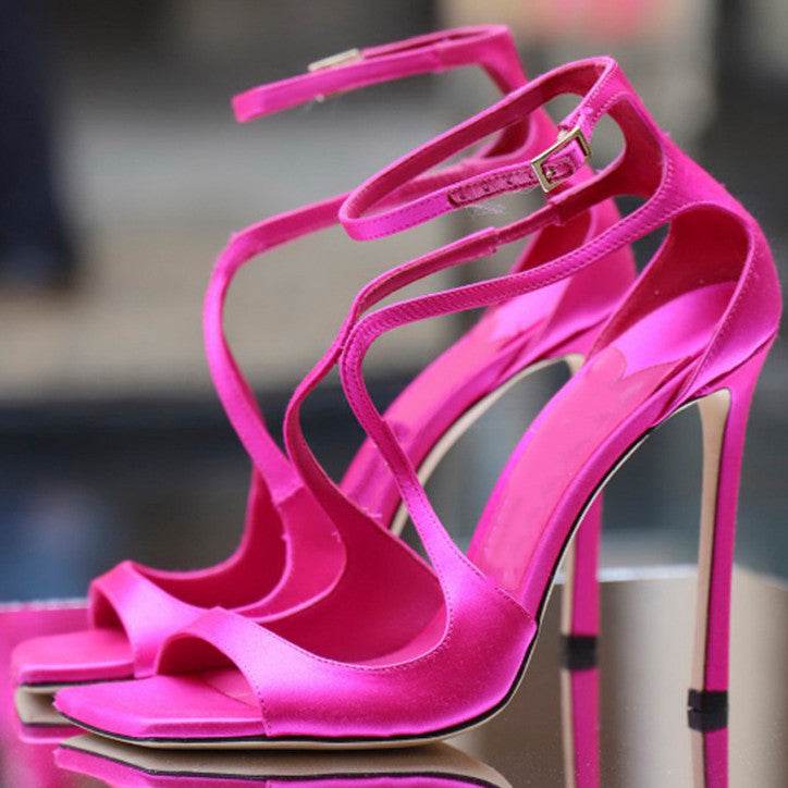 Square Toe Peep Toe Cross Strap Stiletto Heels - Mubimart