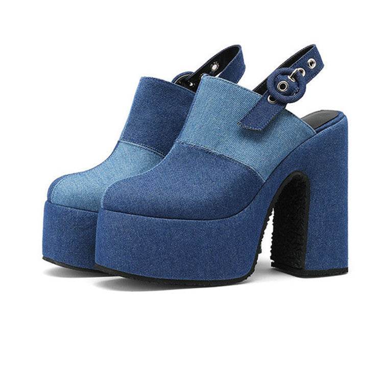 Color Block Denim High Heel Toe Box Slingback Sandals - Mubimart