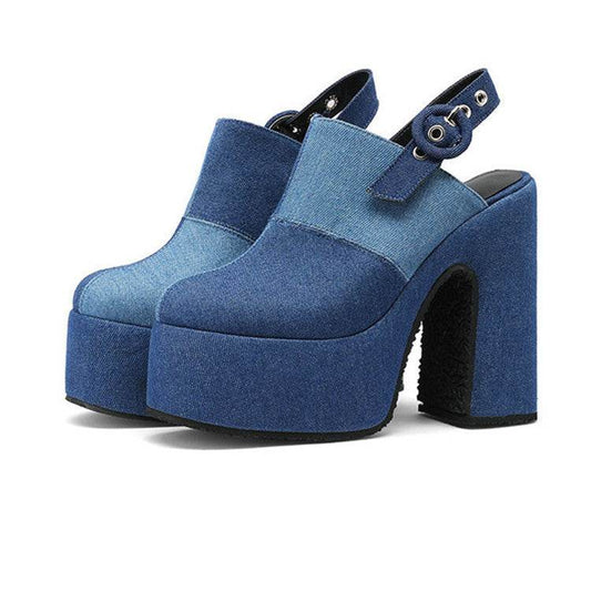 Color Block Denim High Heel Toe Box Slingback Sandals - Mubimart