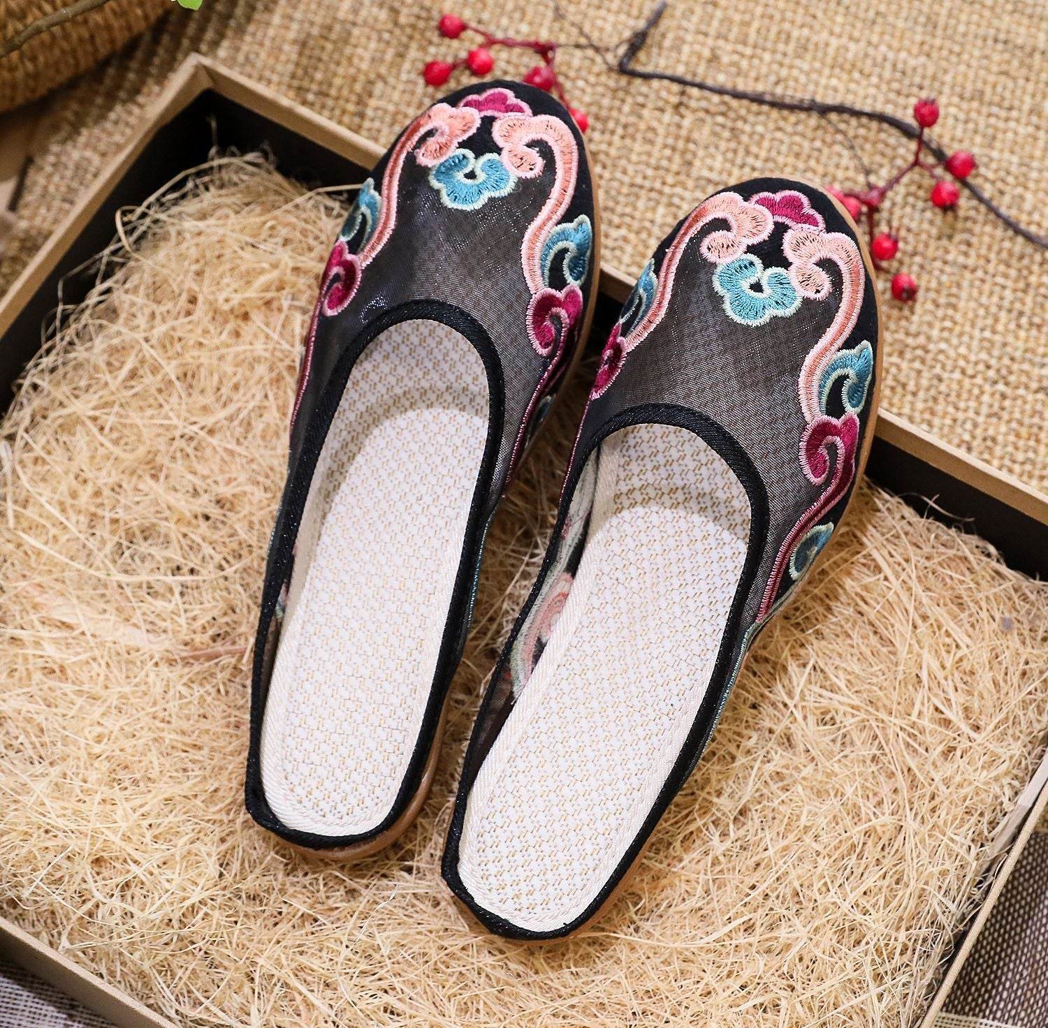 Slippers Mesh Embroidered Cotton Shoes Casual Women Outdoor Slippers - Mubimart