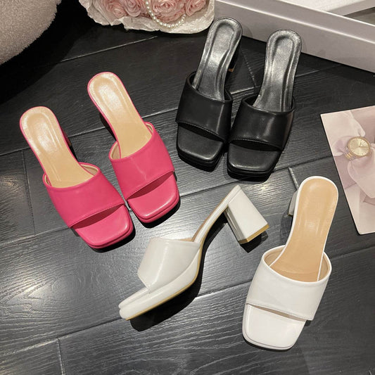 European And American Chunky Heel Square Toe Toe Baring Sandal Women - Mubimart