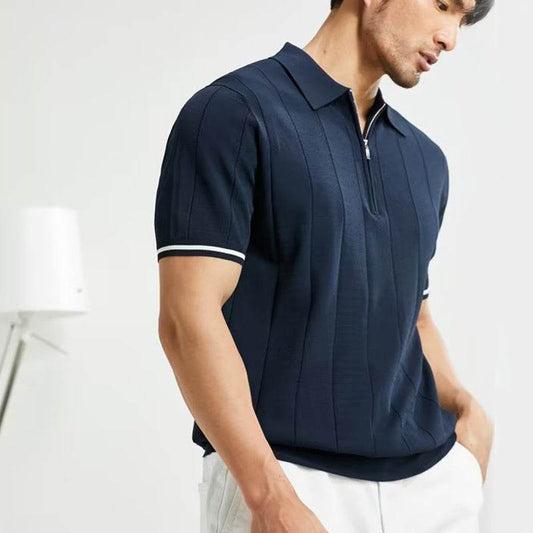 Fashion Short-sleeved Polo Shirt Summer Lapel Zipper T-shirt Tops Mens Clothing - Mubimart