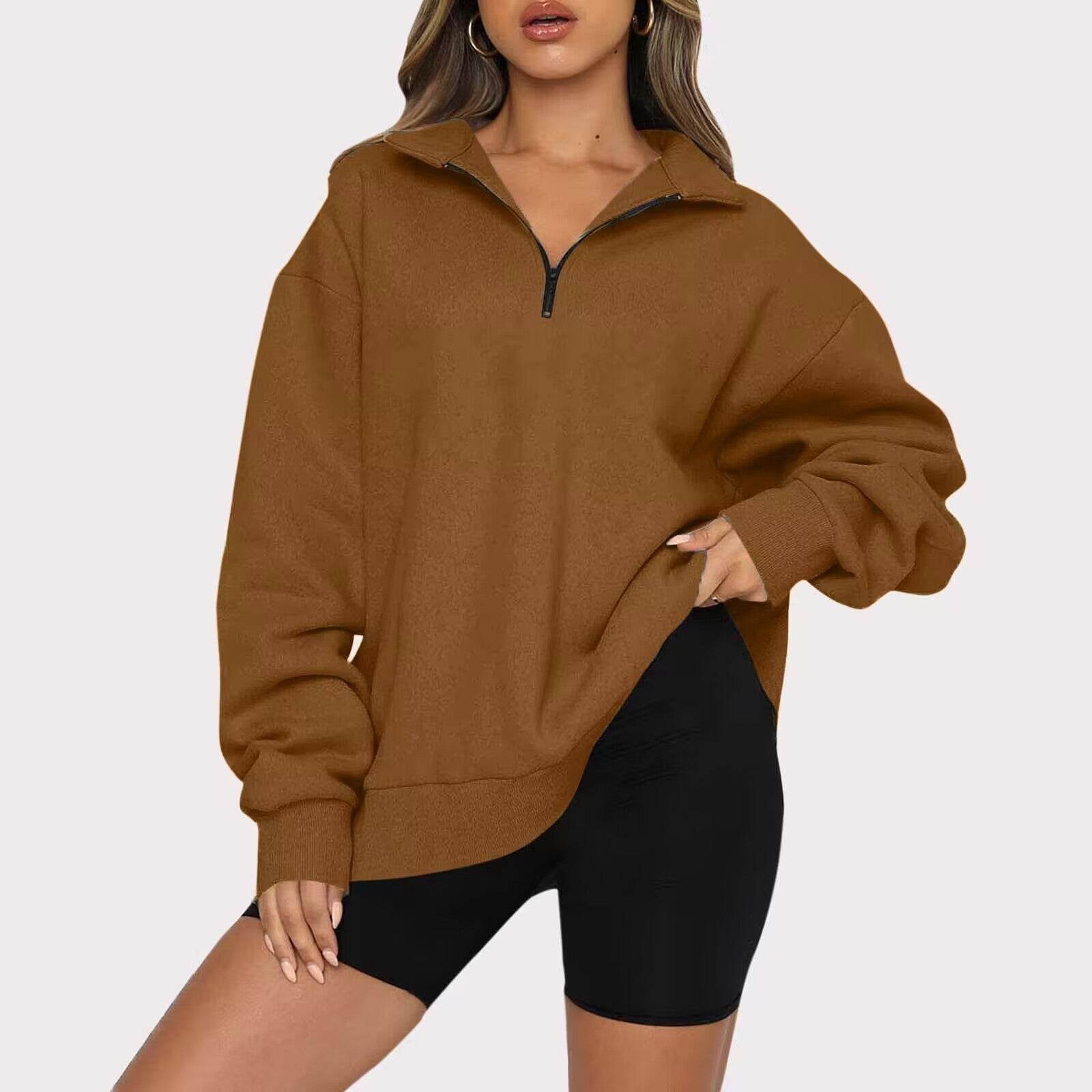Women Sweatshirts Zip Turndown Collar Loose Casual Tops Clothes - Mubimart