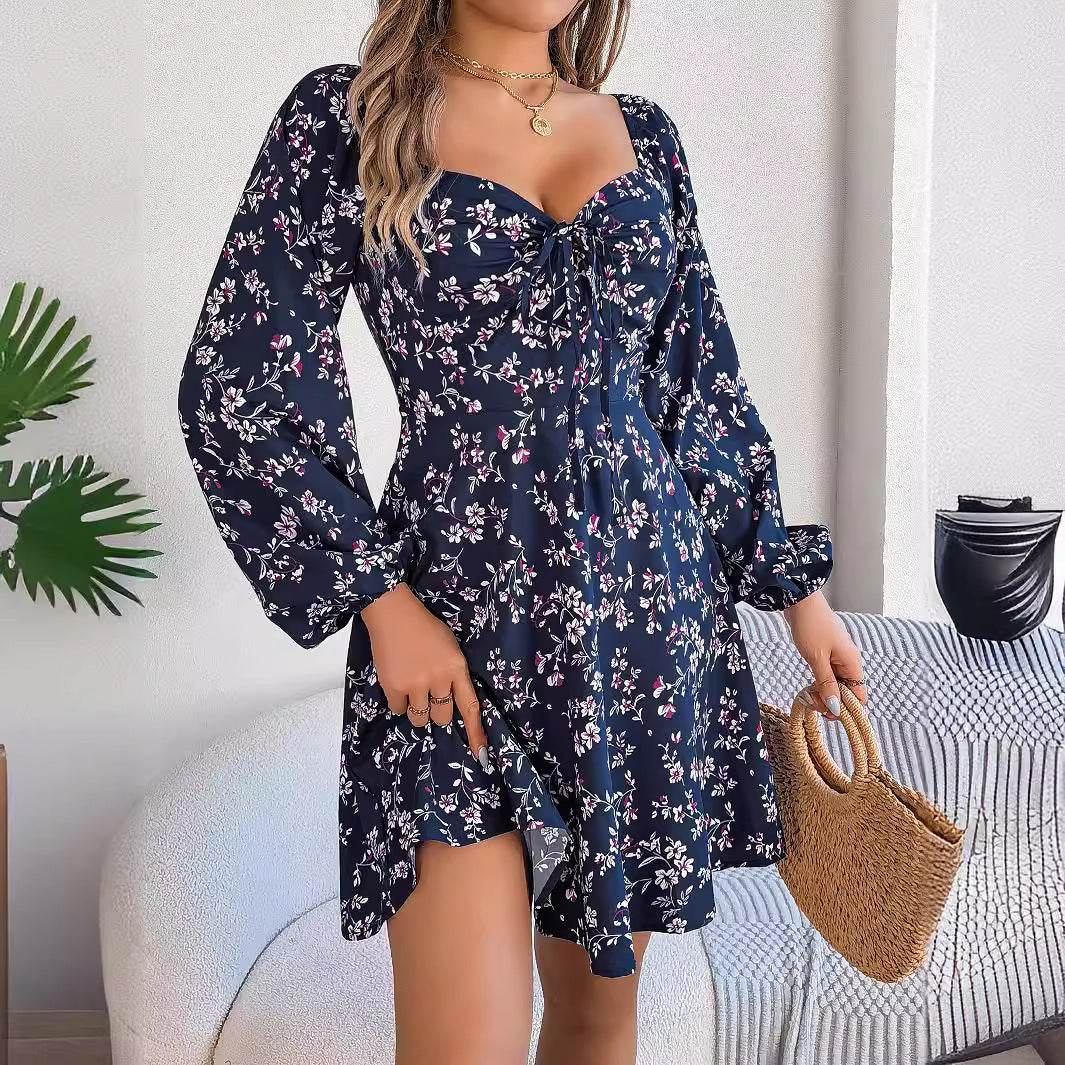 Fashion Floral Print Lantern Sleeve Dress Casual Sexy Tie Square Neck Long Sleeve A-Line Dress Women's Clothing - Mubimart